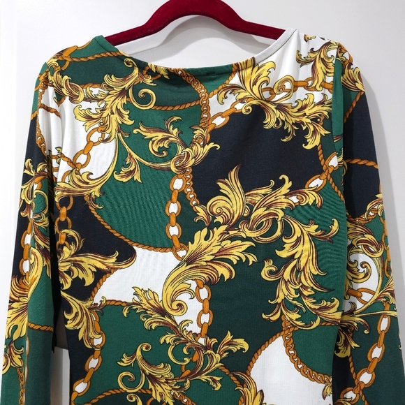 IRIS Long Sleeve Square Neck Bodycon Mini Dress in Green with Gold Filagree, S - Picture 6 of 15